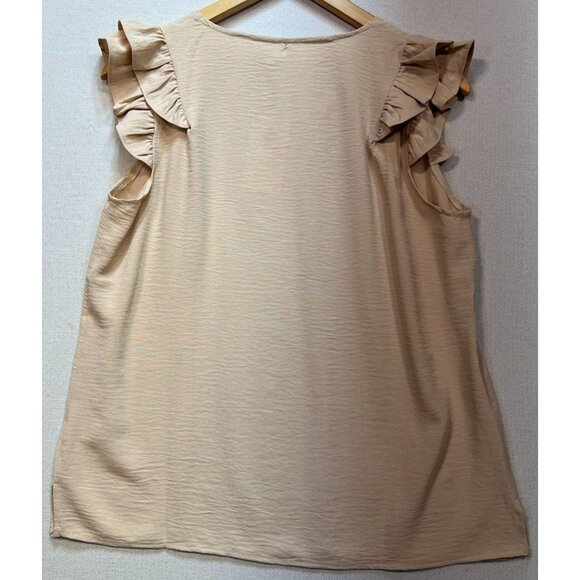 Doublju Women's V Neck Top Ruffled Short Sleeve Stretch Size L Beige Lightweight - Picture 2 of 13